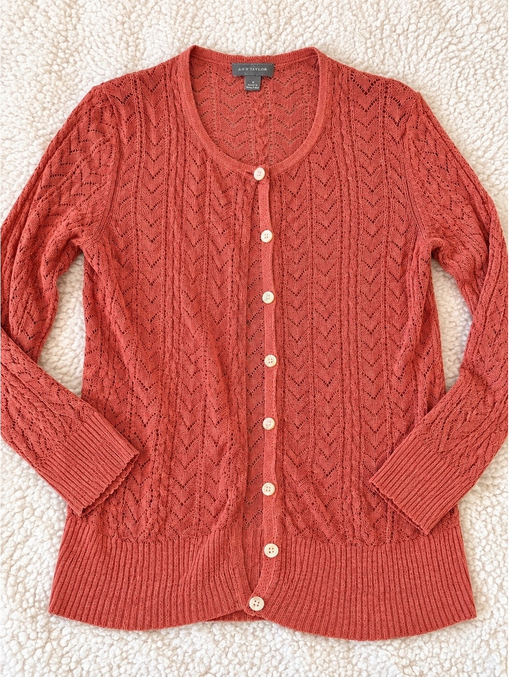 Ann Taylor Women’s Medium Silk Blend Cardigan Coral Open Knit Button Front